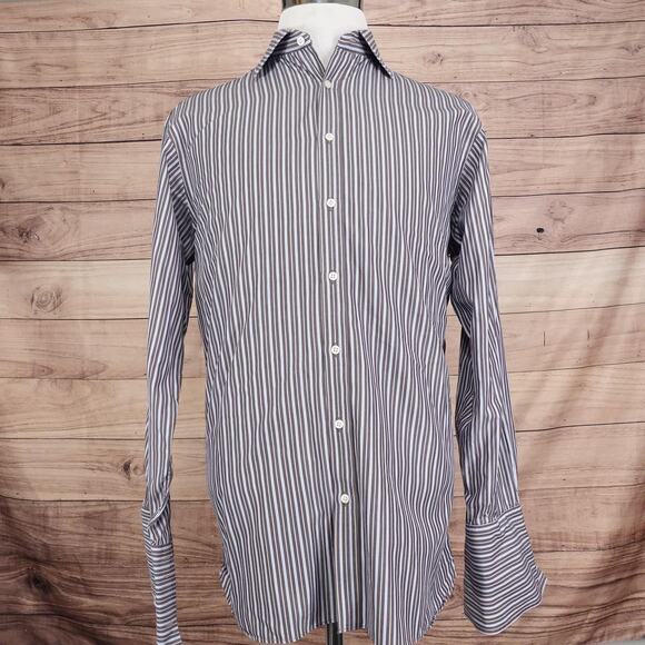 Thomas Pink Shirt Mens 16.5 Brown Blue Stripe French Cuff Jermyn Street Made UK - Picture 3 of 9